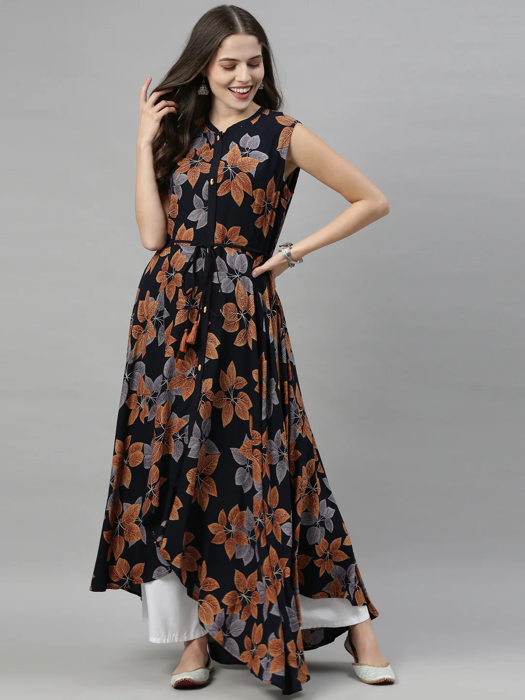 Neerus Navy Printed High Low Kurta - Image 7