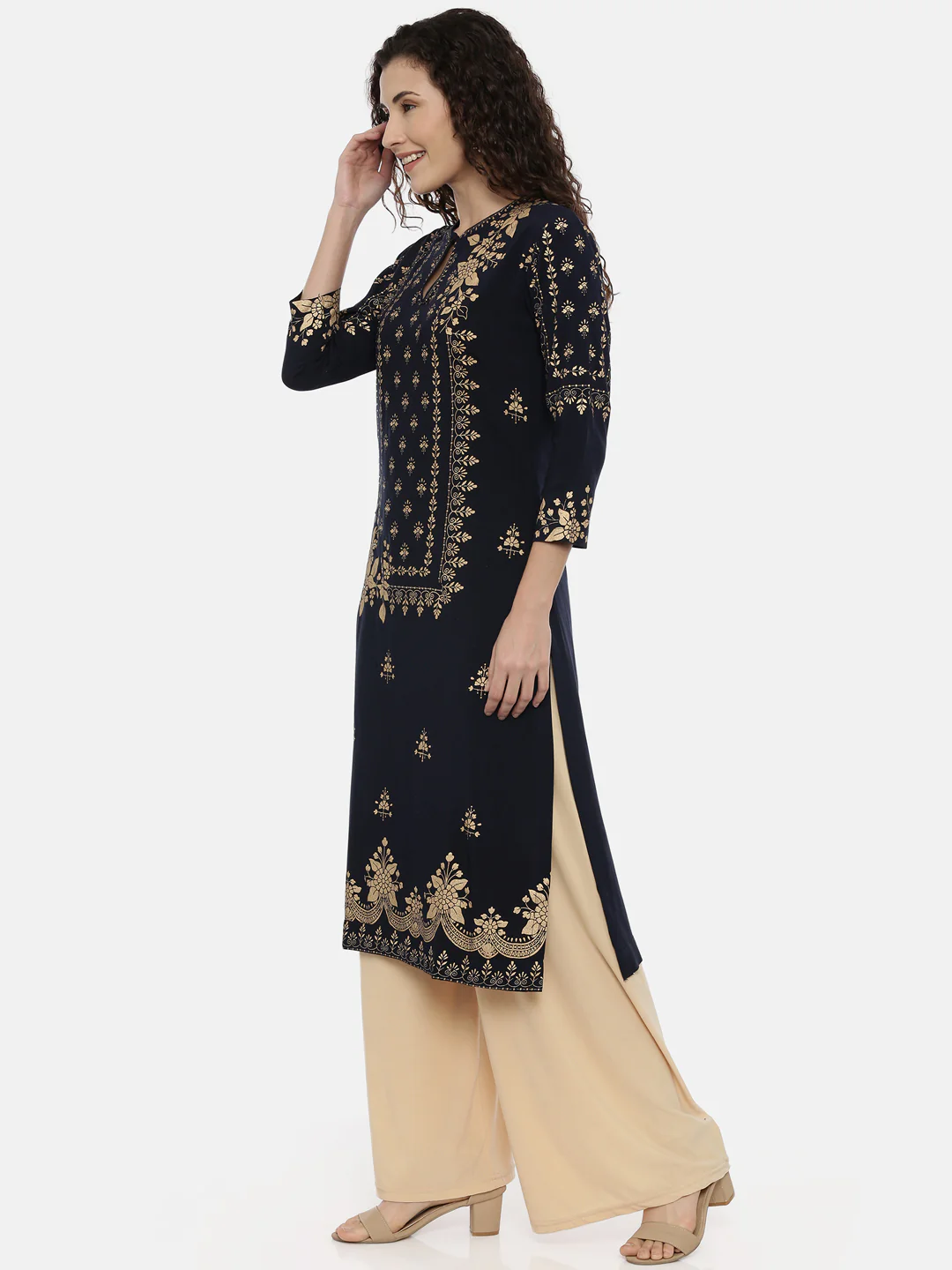 Neerus Navy Printed Straight Kurta - Image 3