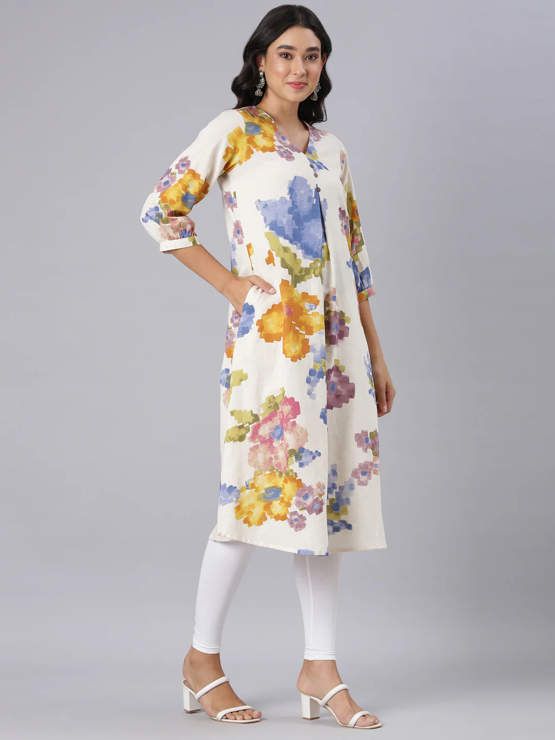 Neerus Off White A-Line Casual Floral Kurta - Image 3