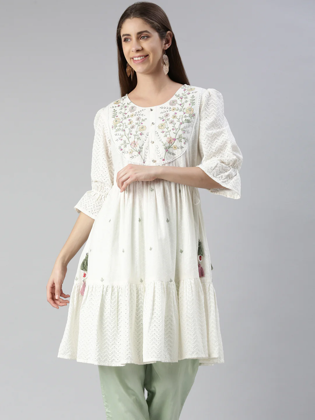 Neerus Off White Anarkali Embroidered Cotton Kurta