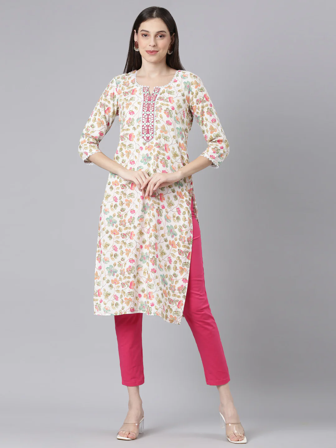 Neerus Off White Casual Floral Straight Kurta