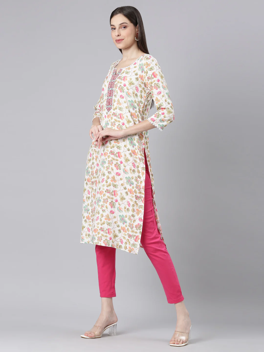 Neerus Off White Casual Floral Straight Kurta - Image 2