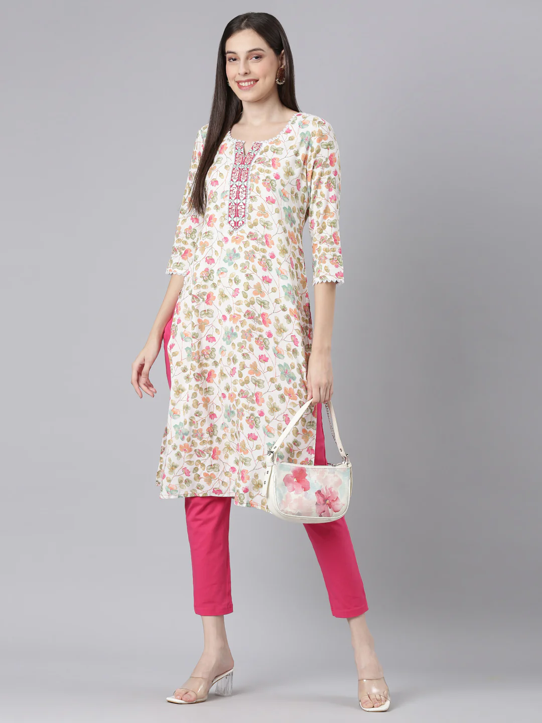 Neerus Off White Casual Floral Straight Kurta - Image 5
