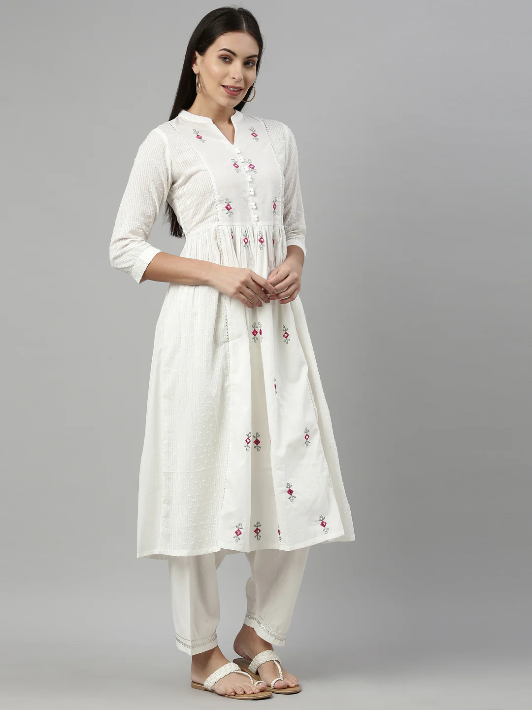 Neerus Off White Color Cotton Fabric Suit Set