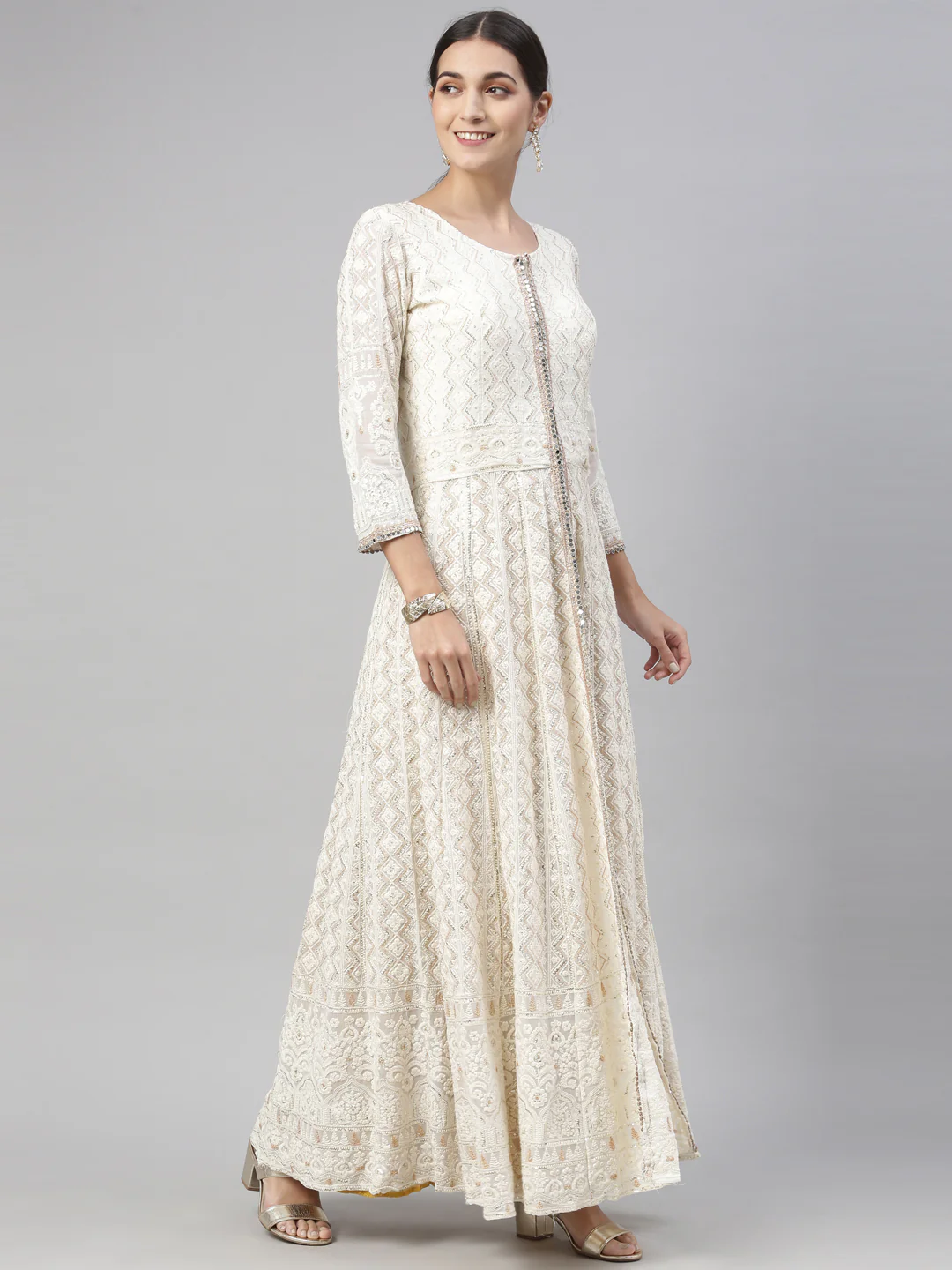 Neerus Off White Color Georgette Fabric Kurta Set - Image 7