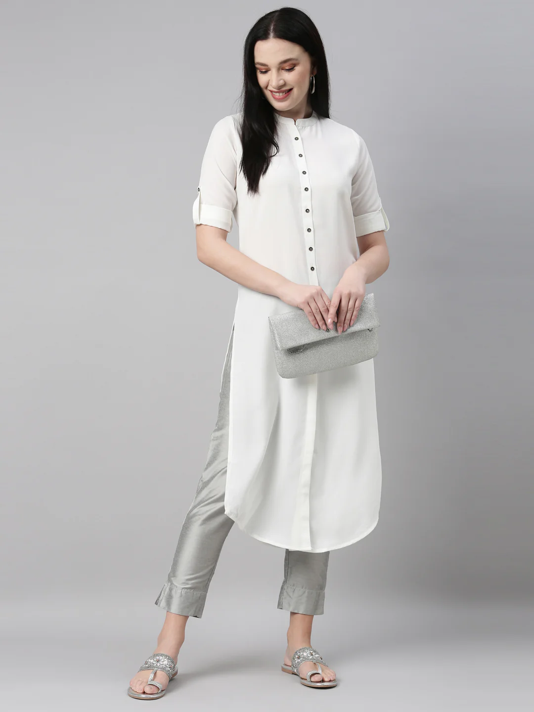 Neerus Off White Color Slub Rayon Fabric Kurta - Image 6
