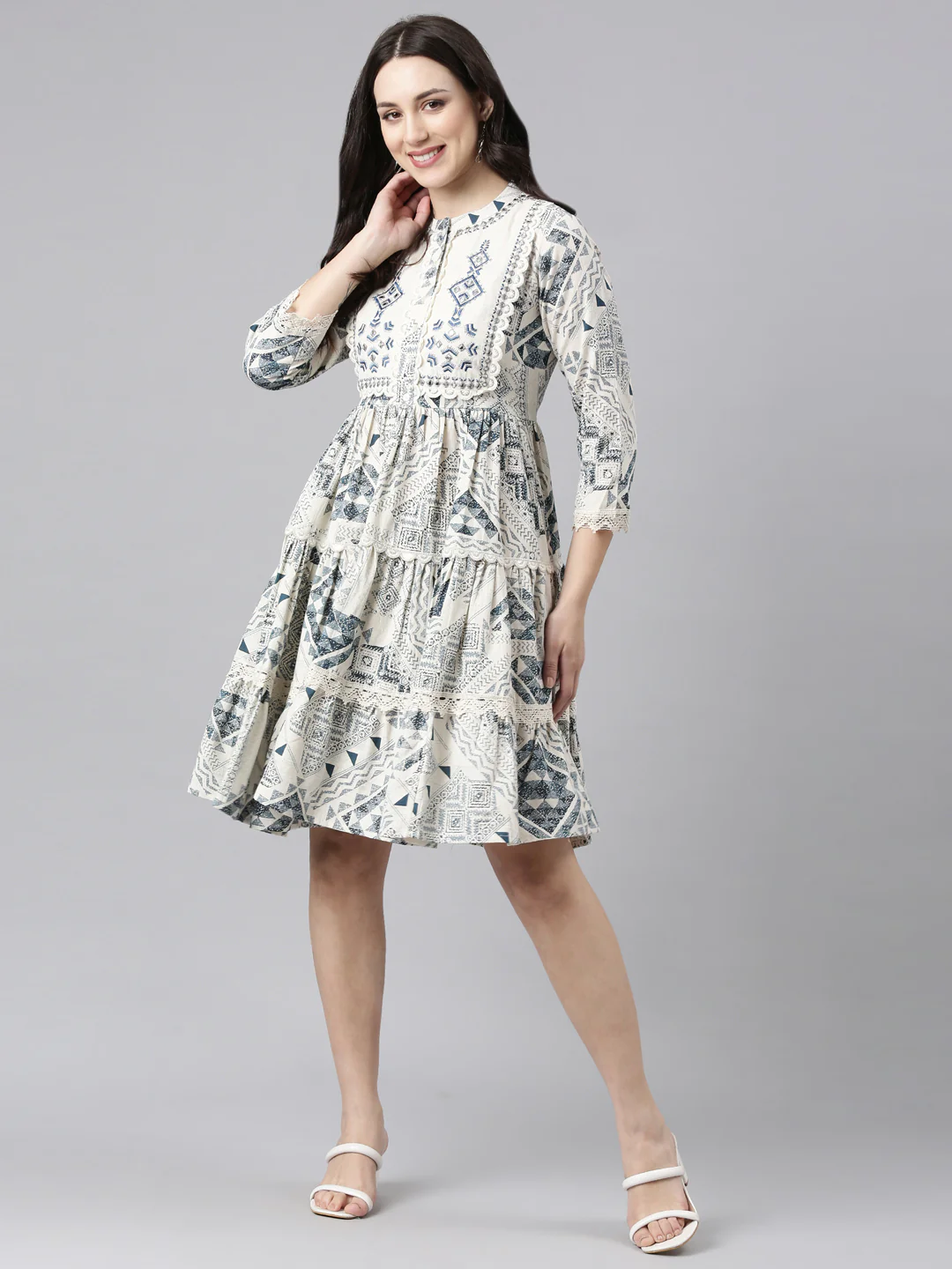 Neerus Off White Curved Casual Embellished Anarkali Kurtis - Image 5