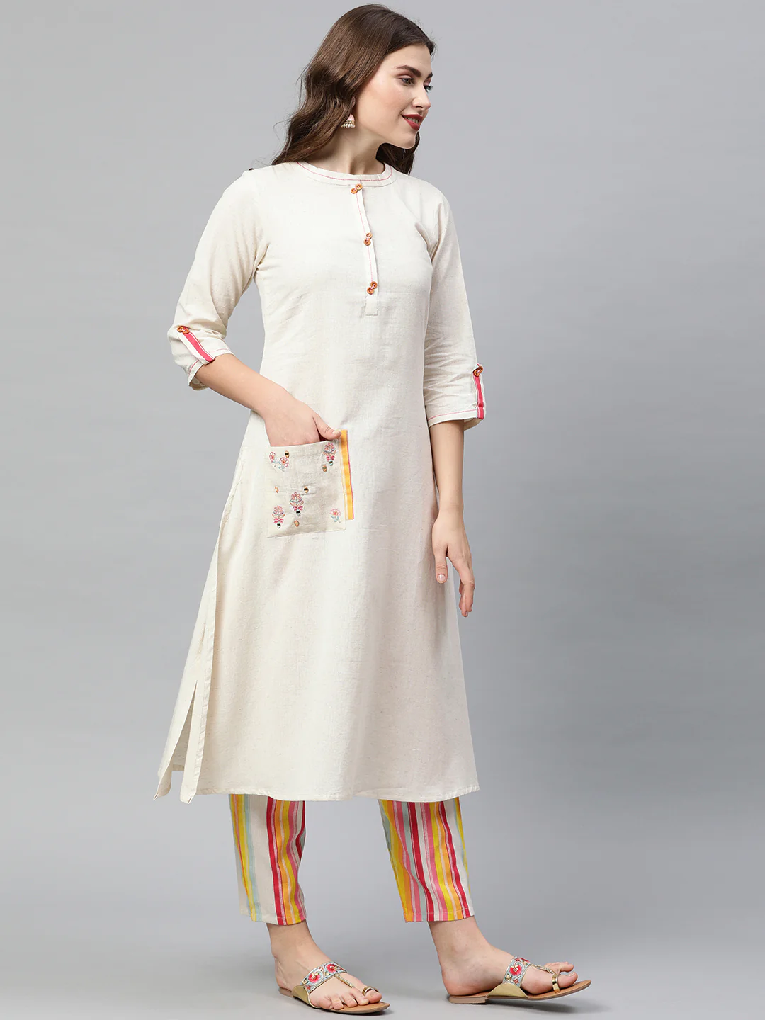 Neerus Off White Embroidered A Line Kurta - Image 4