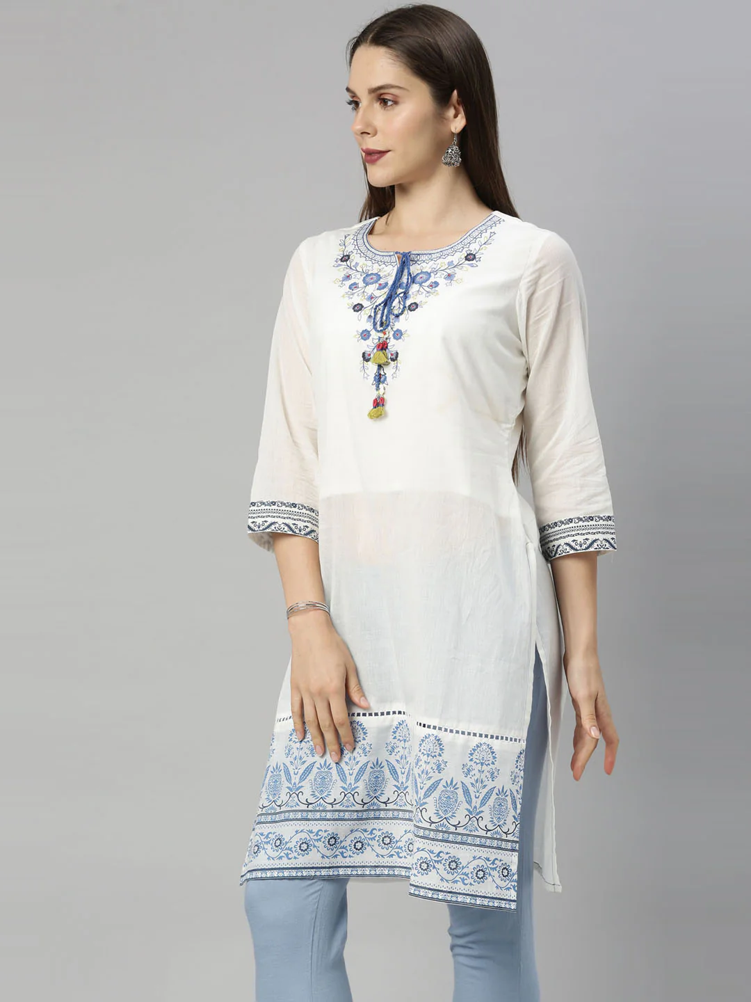Neerus Off White Embroidered Pure Cotton Kurti - Image 2