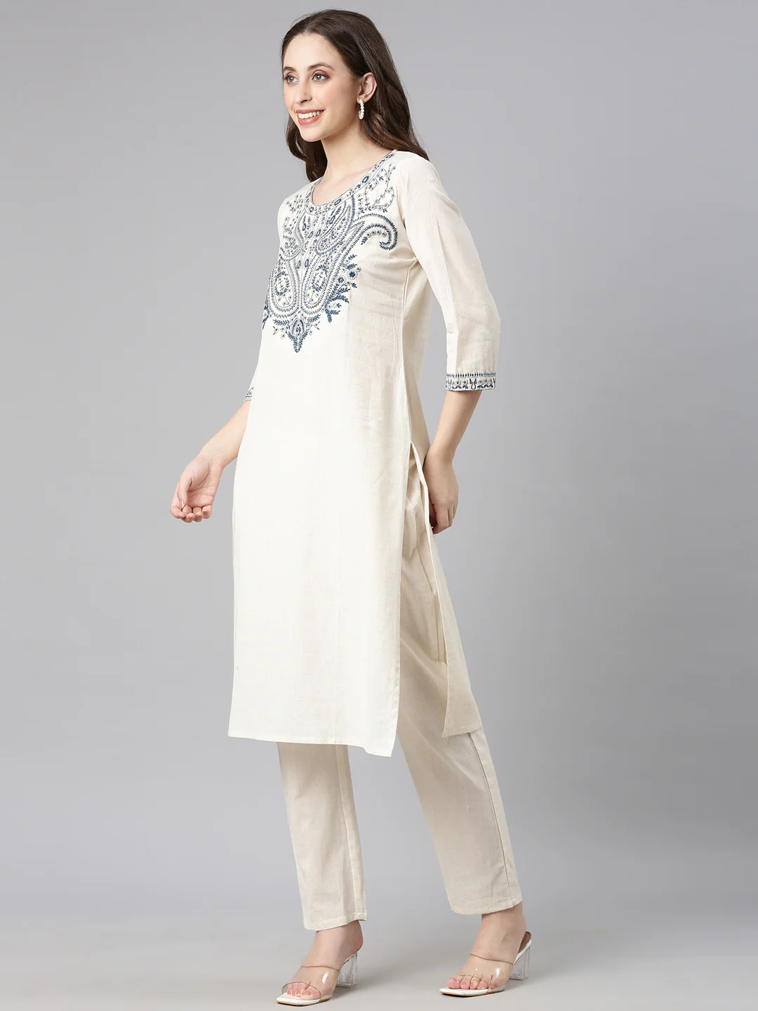 Neerus Off white Embroidered Straight Kurta and Trousers With Dupatta - Image 2
