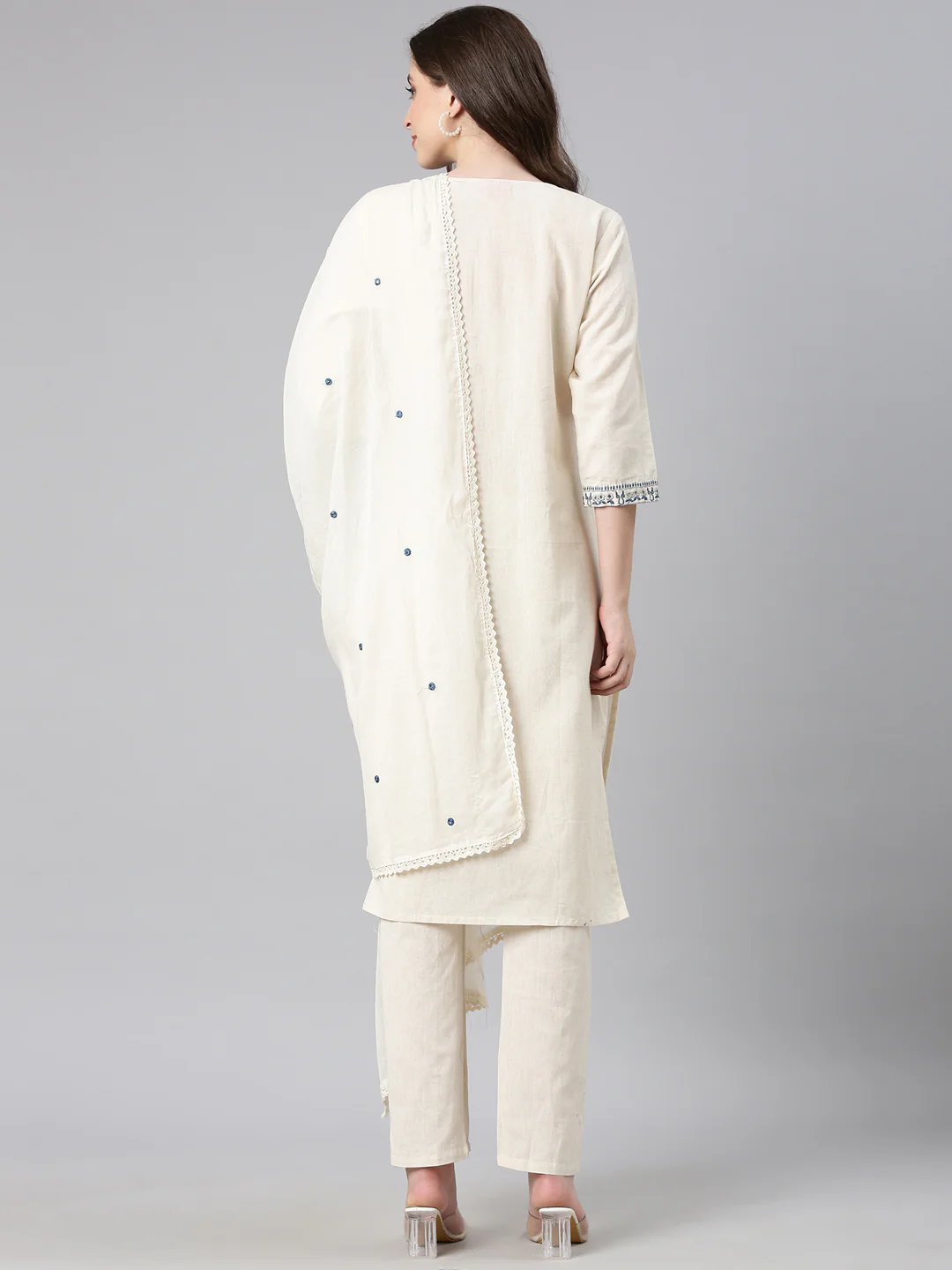 Neerus Off white Embroidered Straight Kurta and Trousers With Dupatta - Image 3