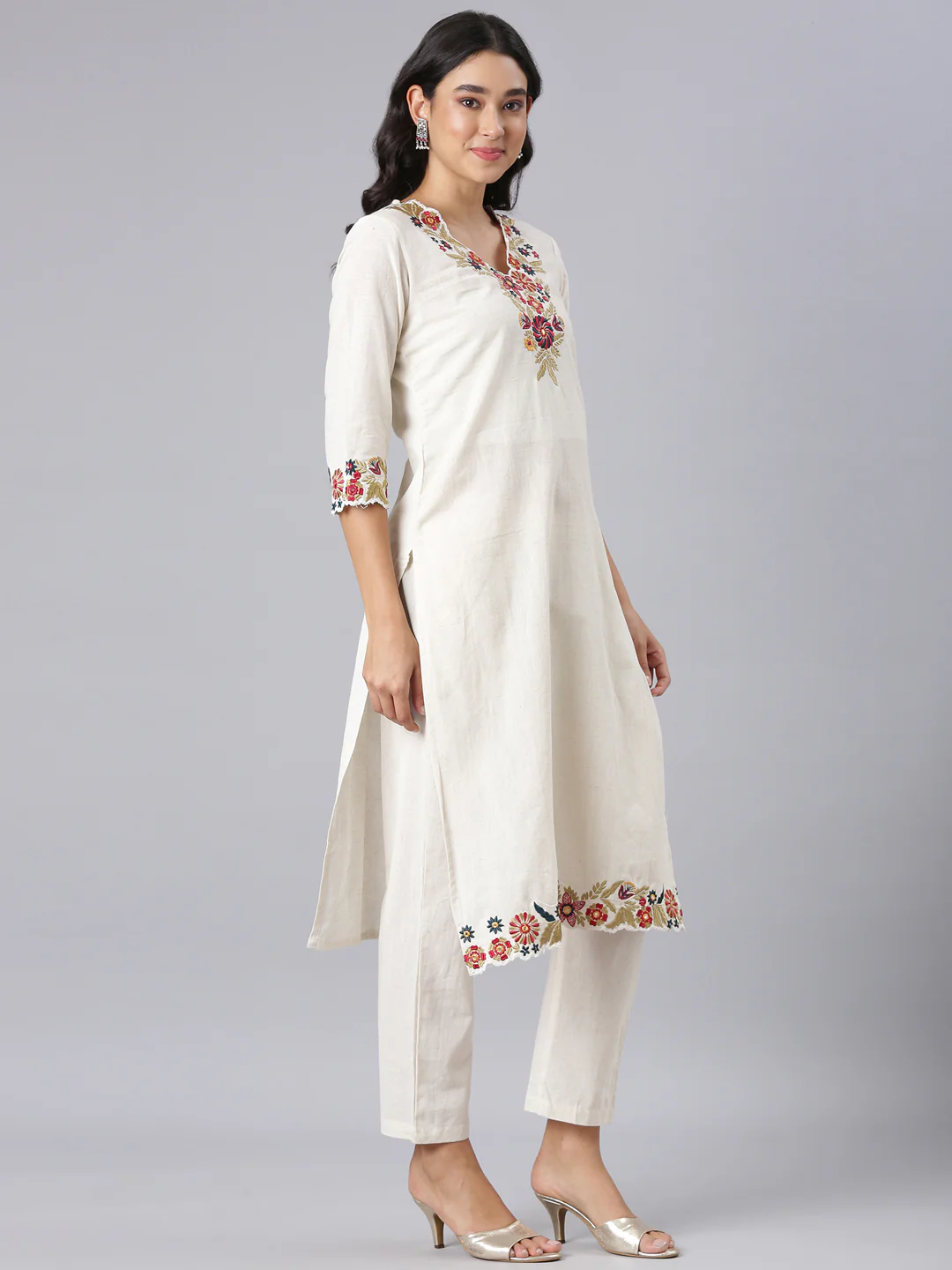 Neerus Off White Embroidered Straight Kurta And Trousers With Dupatta - Image 2