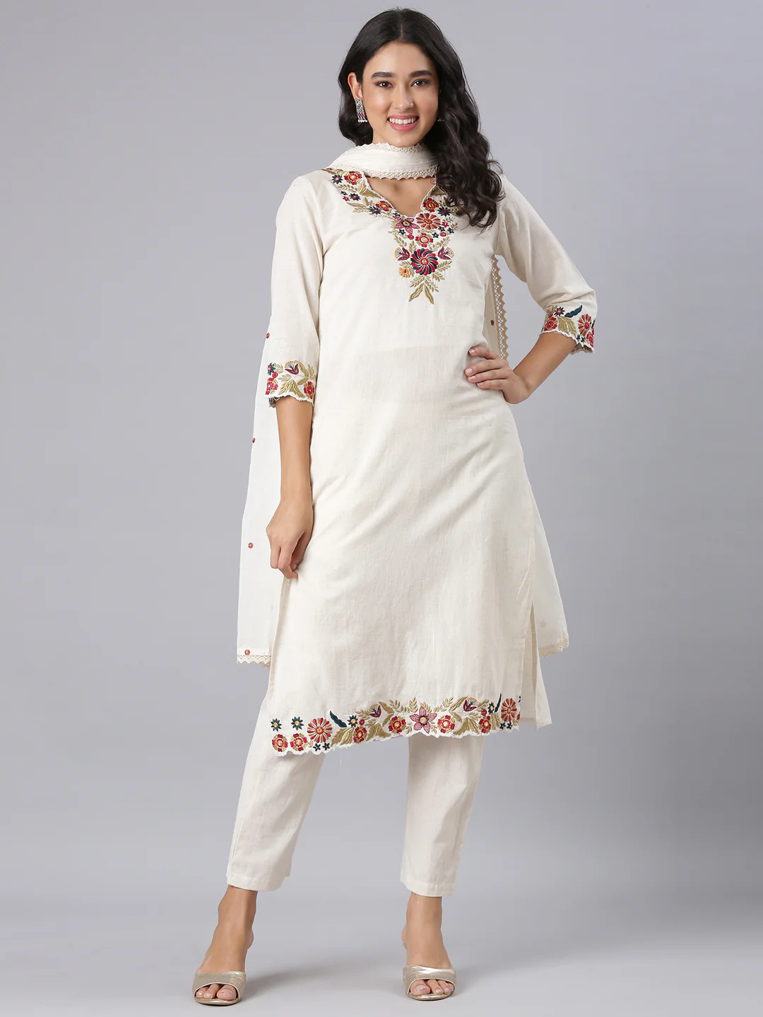 Neerus Off White Embroidered Straight Kurta And Trousers With Dupatta - Image 5