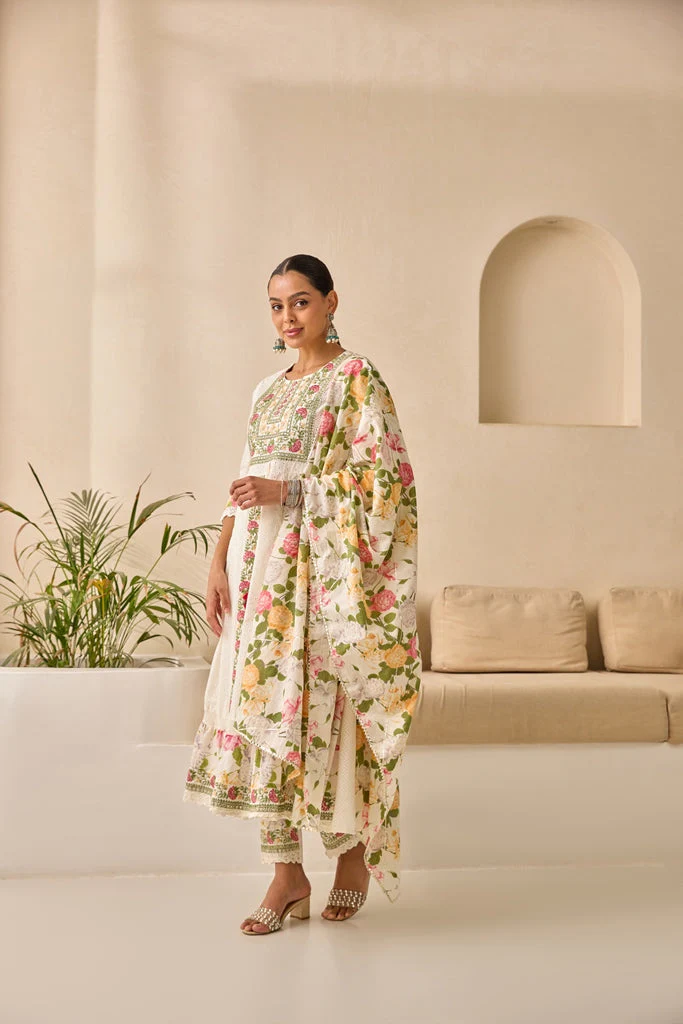 Neerus Off White Flared Emlleshied Kurta And Trousers With Dupatta - Image 3