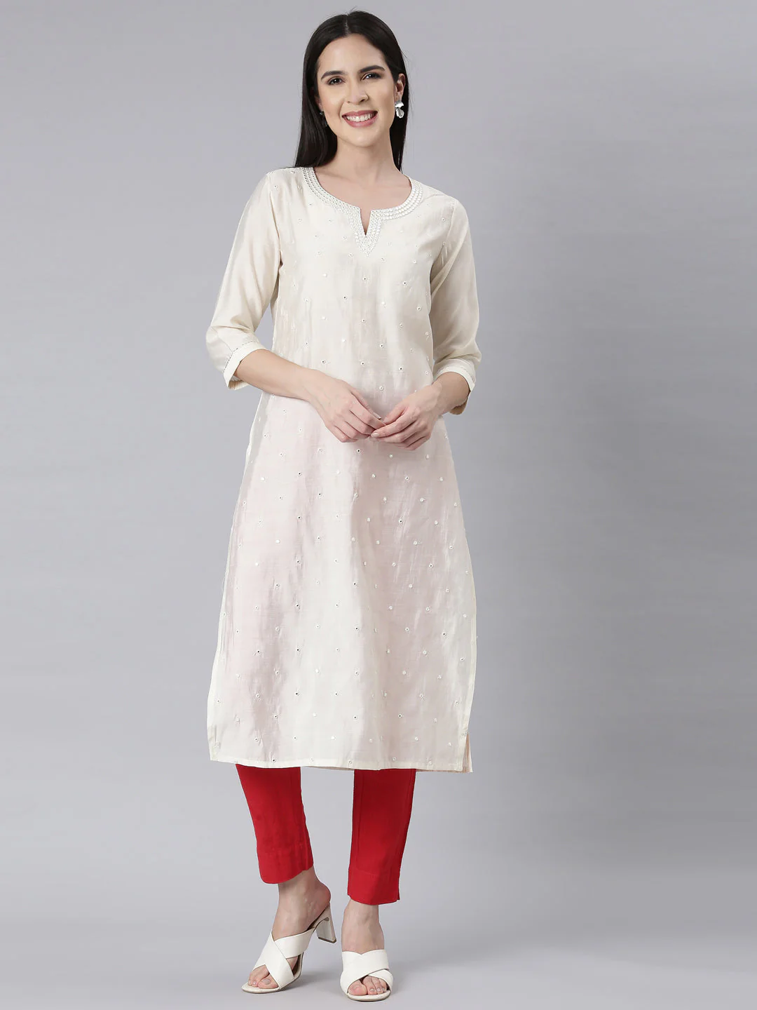 Neerus Off White Panelled Straight Embellished Kurta