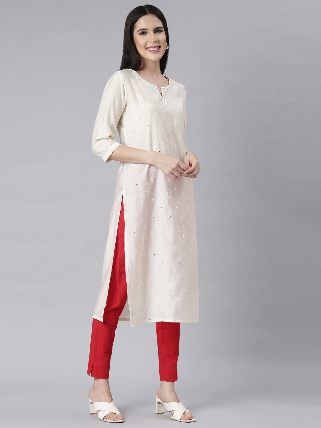 Neerus Off White Panelled Straight Embellished Kurta - Image 2