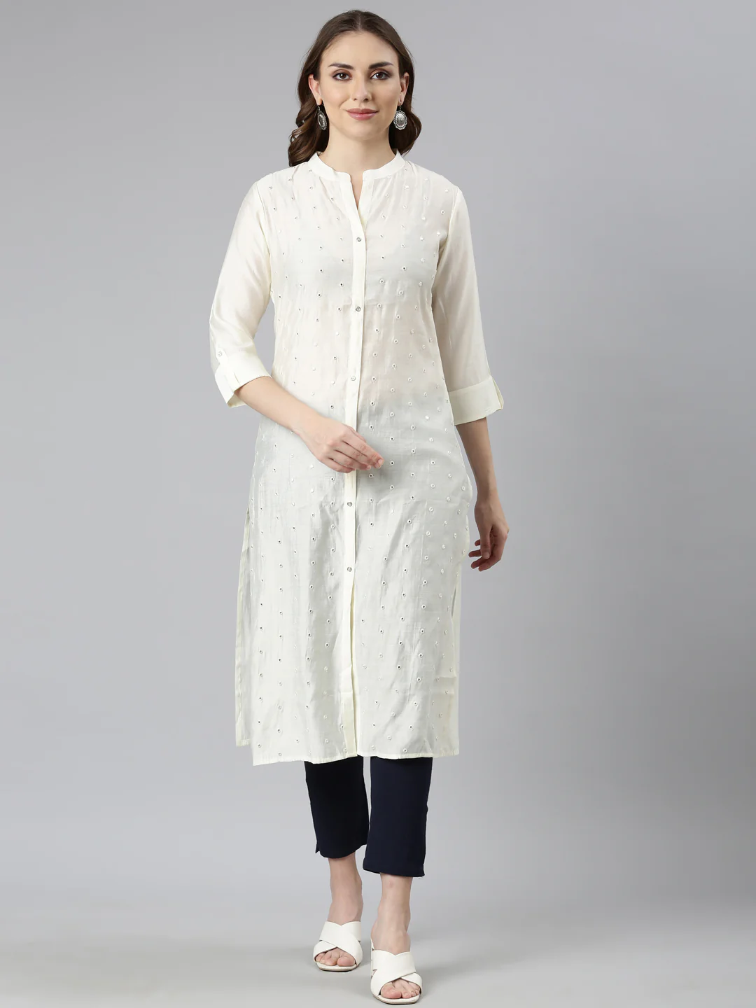 Neerus Off White Panelled Straight Embellished Kurta