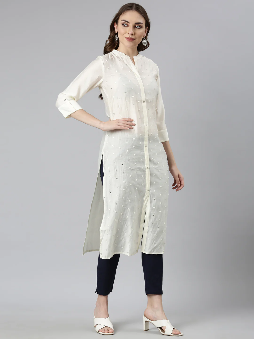 Neerus Off White Panelled Straight Embellished Kurta - Image 2
