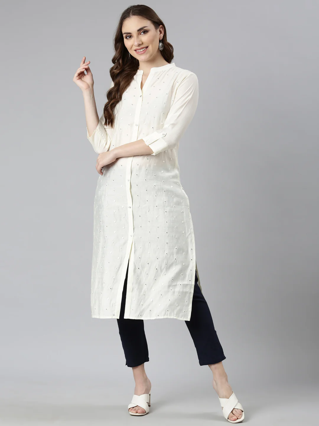 Neerus Off White Panelled Straight Embellished Kurta - Image 4