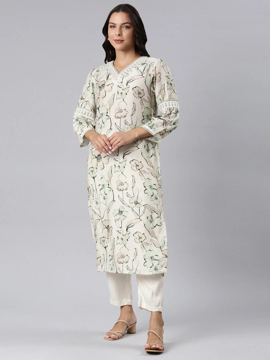 Neerus Off White Panelled Straight Printed Kurta And Trousers With Dupatta - Image 2