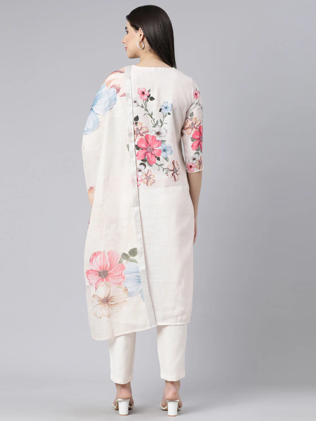 Neerus Off White Panelled Straight Printed Kurta And Trousers With Dupatta - Image 4