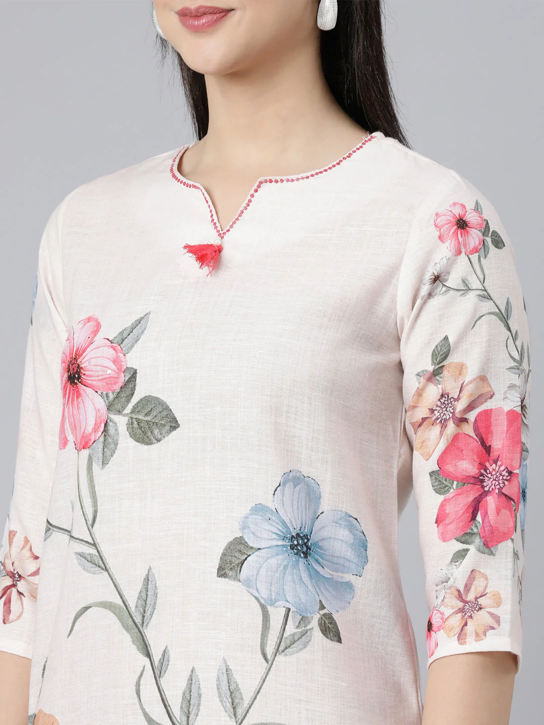 Neerus Off White Panelled Straight Printed Kurta And Trousers With Dupatta - Image 5