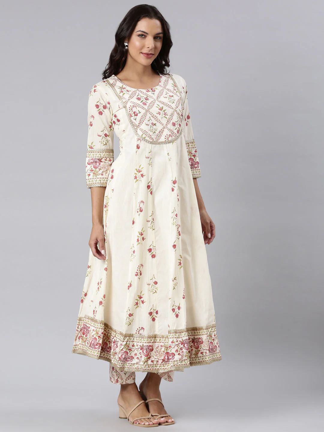Neerus Off White Panelled Printed Kurta And Trousers With Dupatta - Image 3