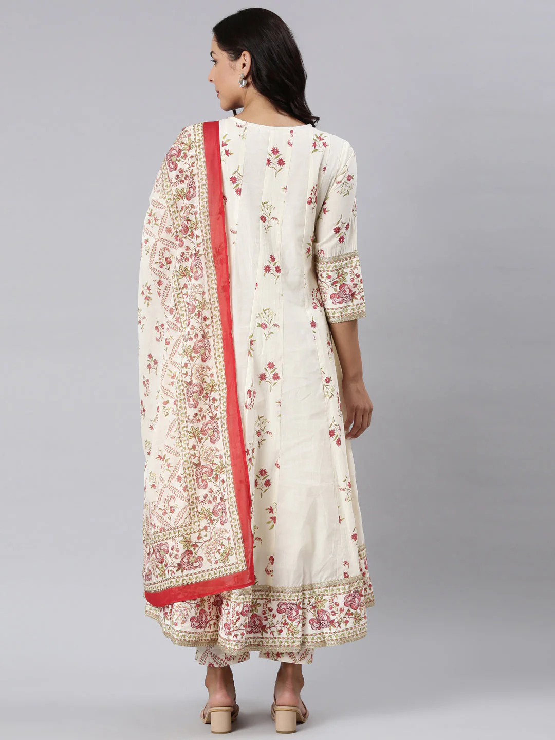 Neerus Off White Panelled Printed Kurta And Trousers With Dupatta - Image 4
