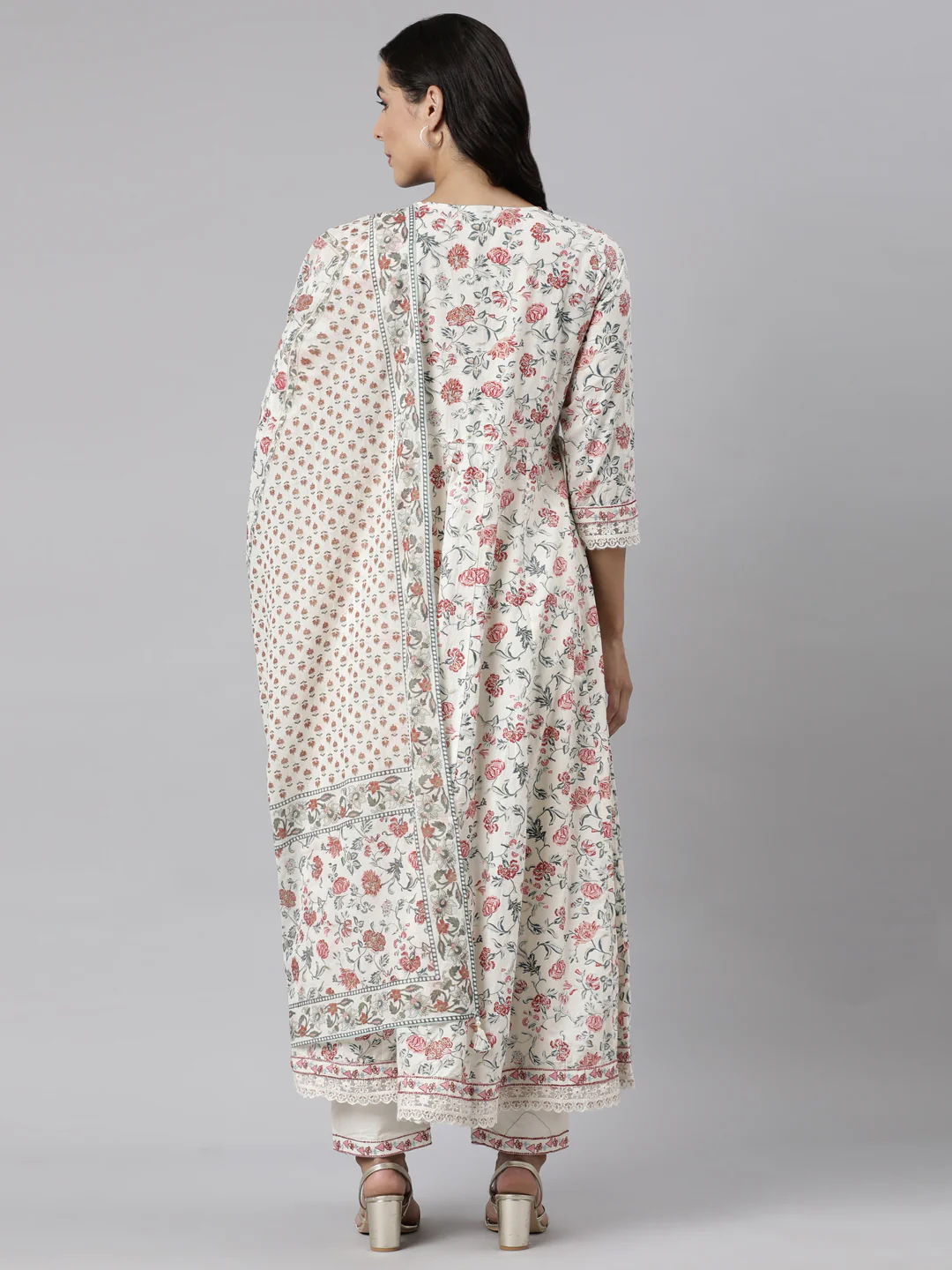 Neerus Off White Panelled Straight Printed Kurta And Trousers With Dupatta - Image 4