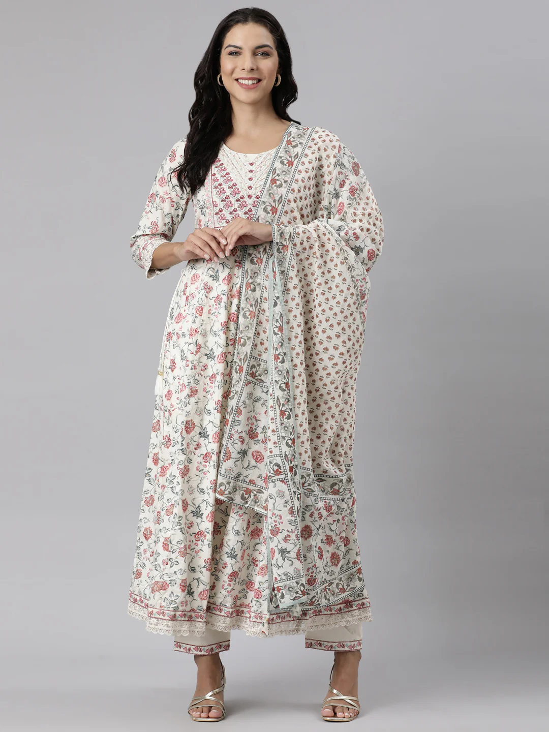 Neerus Off White Panelled Straight Printed Kurta And Trousers With Dupatta - Image 6
