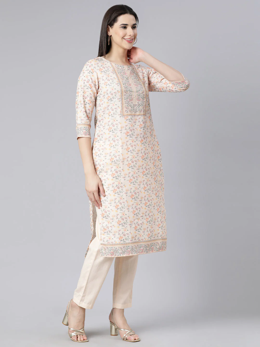 Neerus Off White Panelled Straight Printed Kurta And Trousers With Dupatta - Image 3
