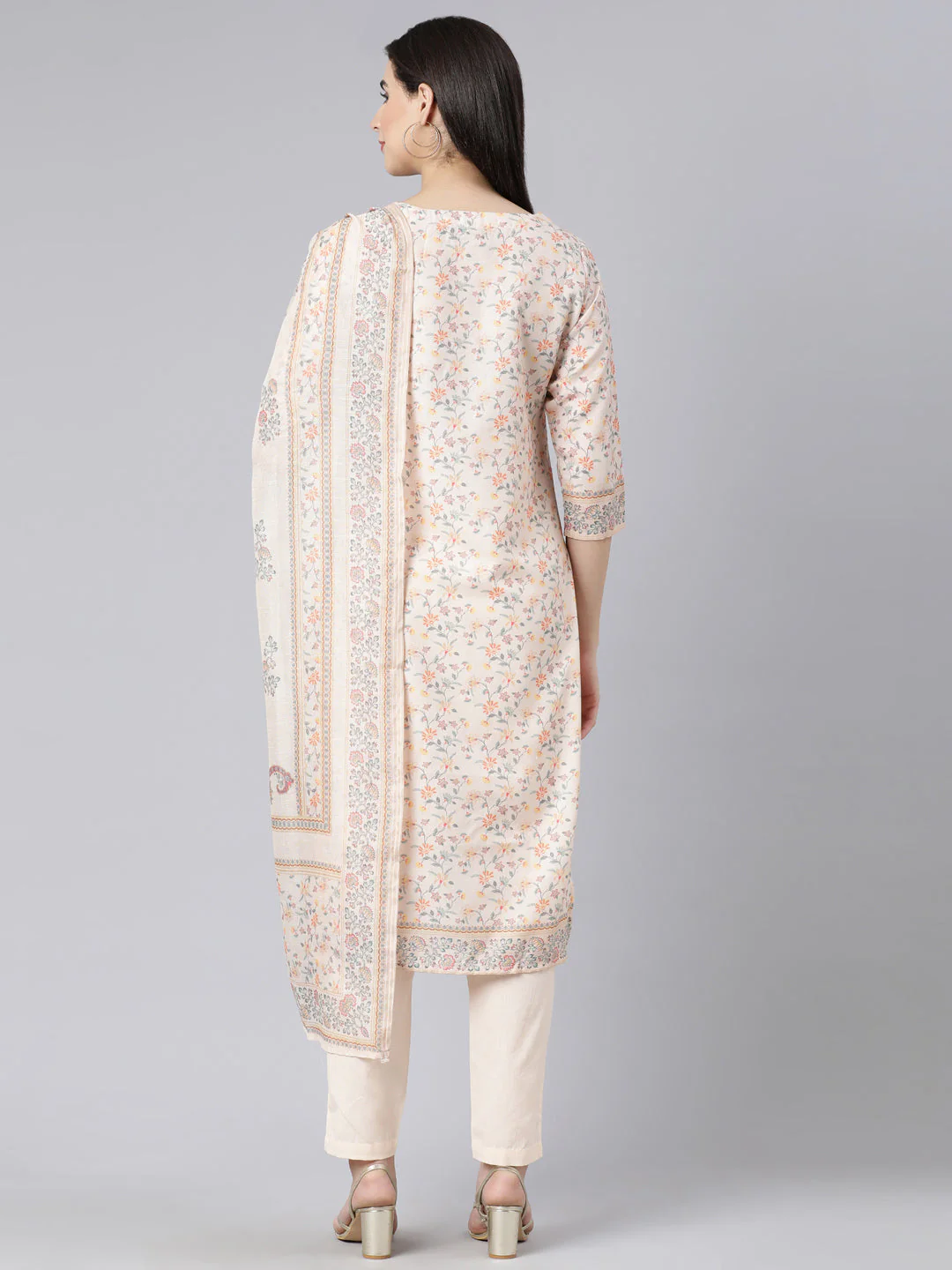 Neerus Off White Panelled Straight Printed Kurta And Trousers With Dupatta - Image 4