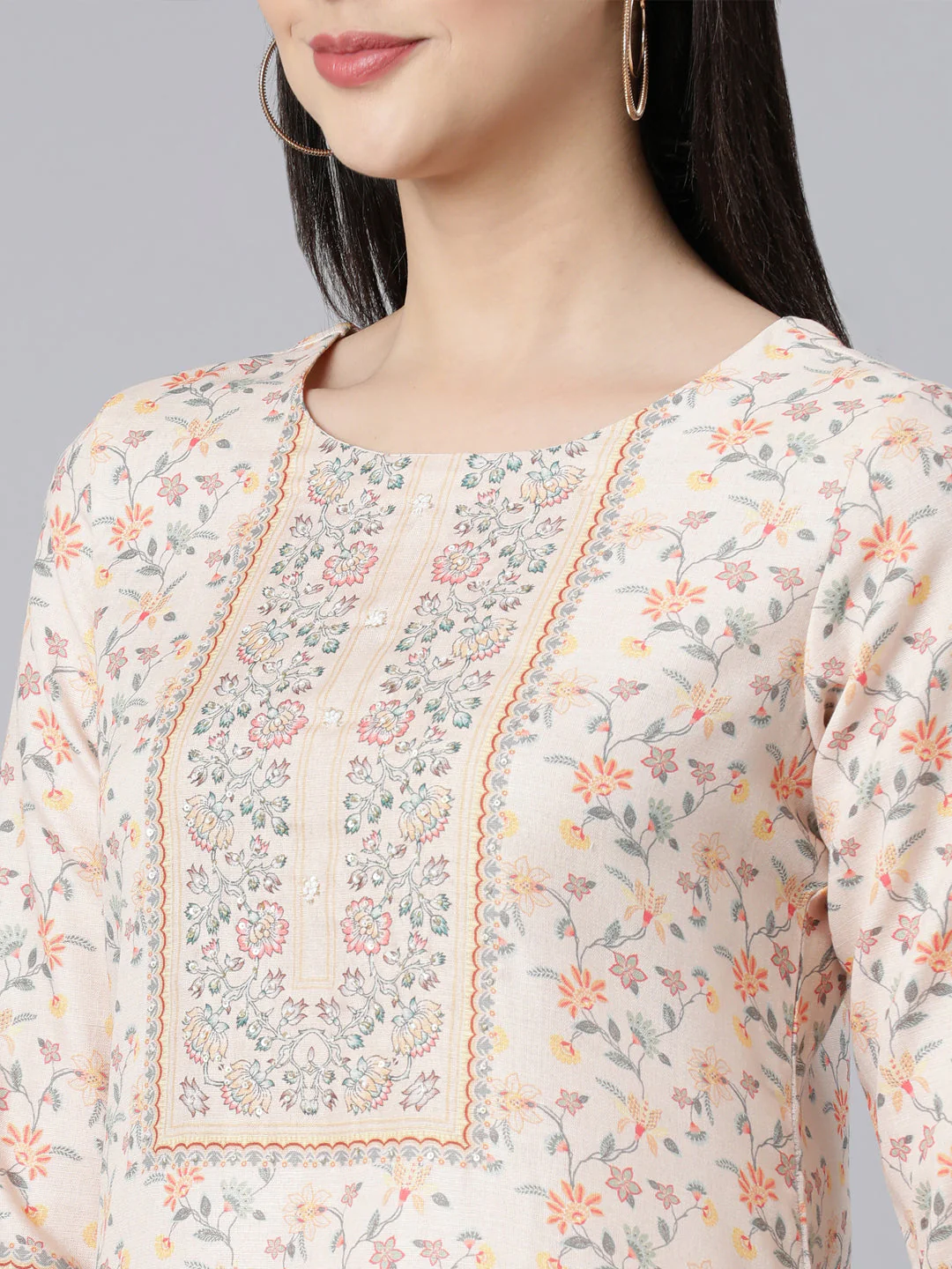 Neerus Off White Panelled Straight Printed Kurta And Trousers With Dupatta - Image 5