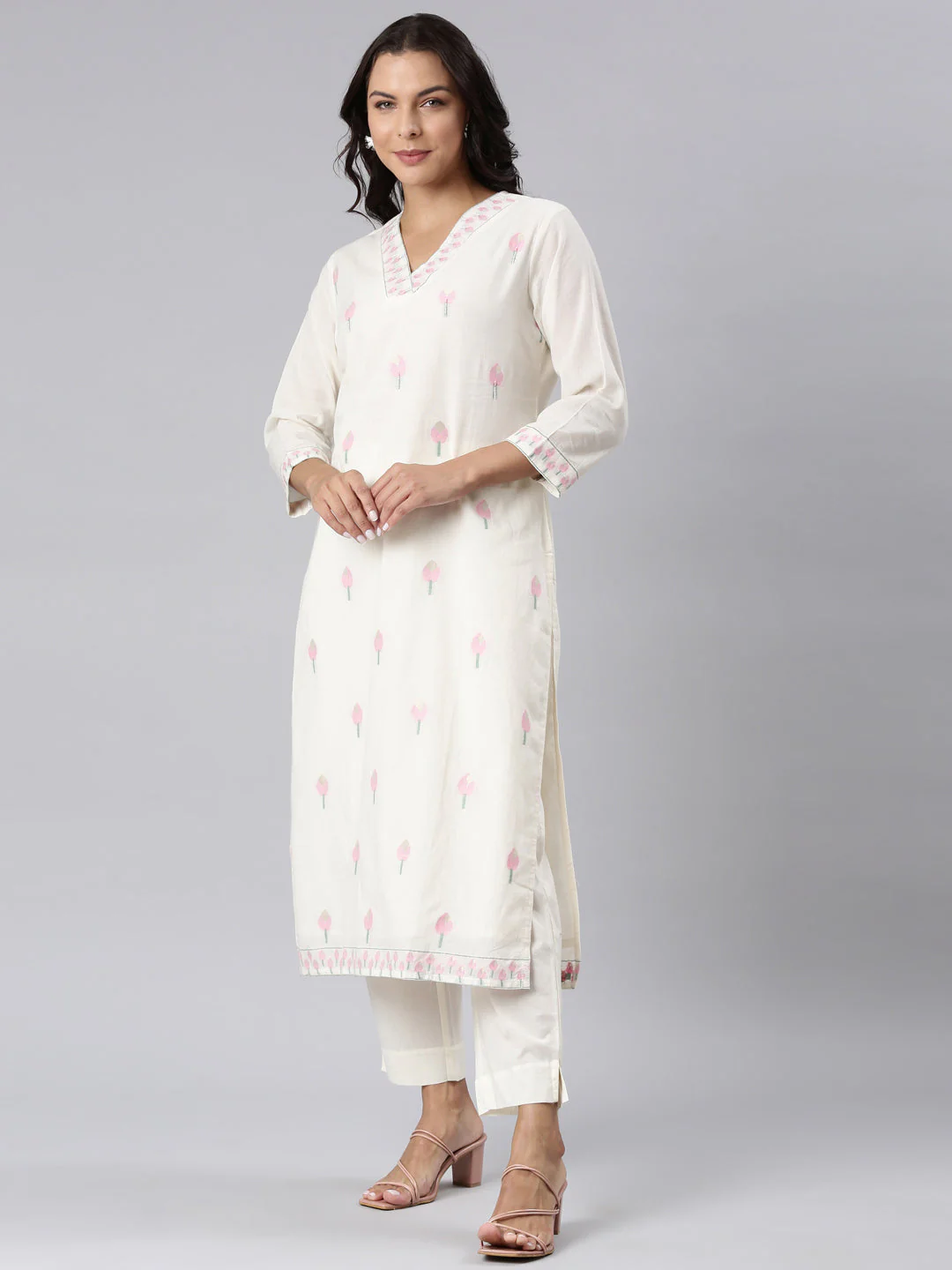 Neerus Off White Panelled Straight Woven Design Kurta And Trousers With Dupatta - Image 2