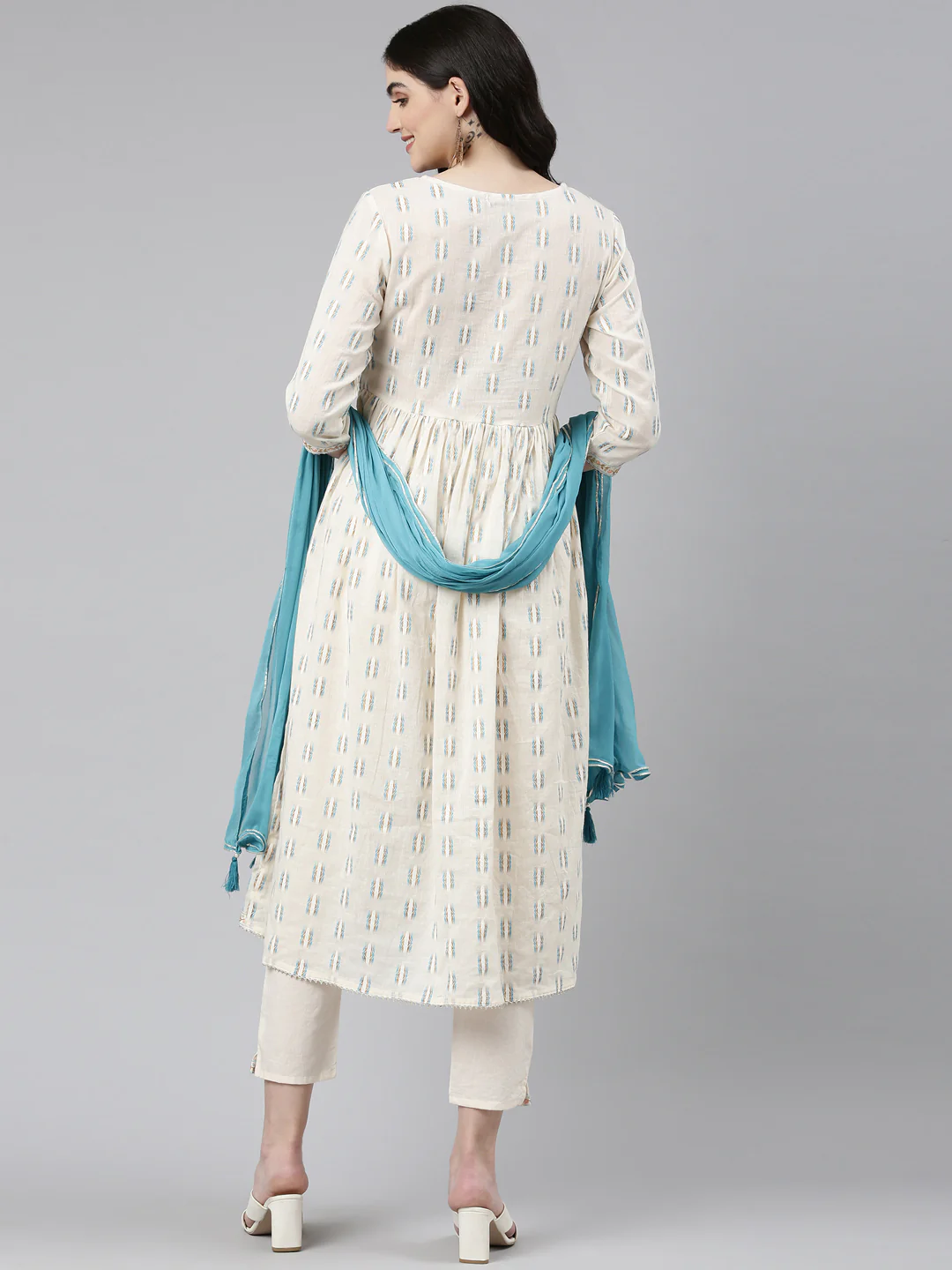 Neerus Off White Pleated Anarkali Printed Kurta And Trousers With Dupatta - Image 3