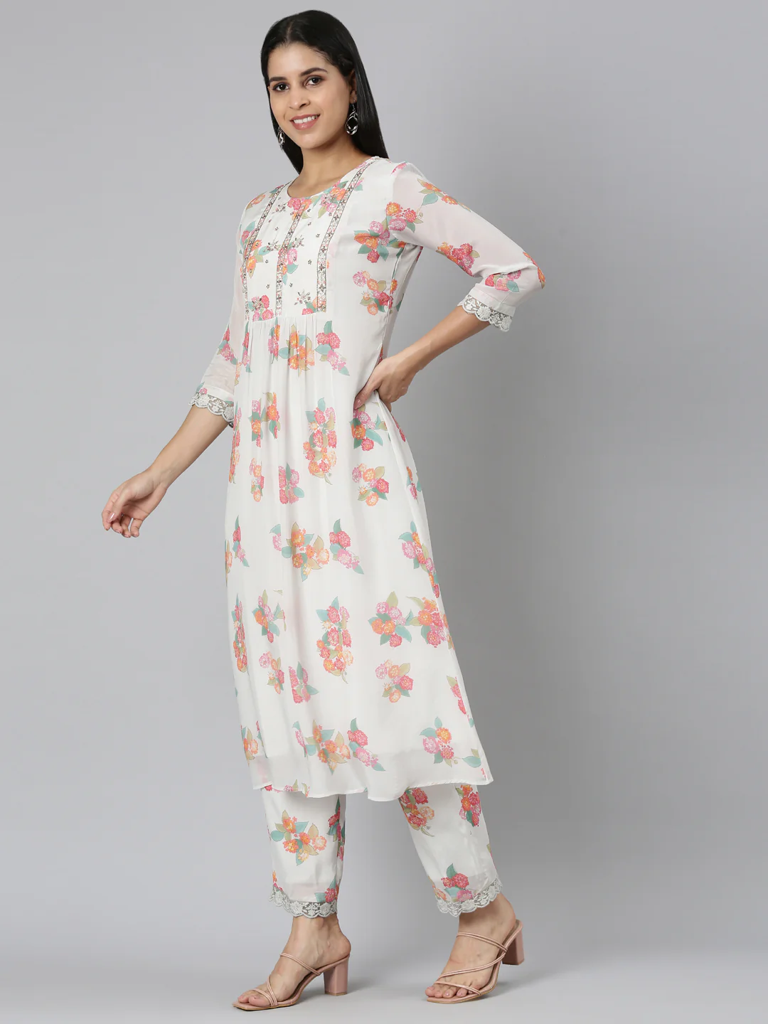 Neerus Off White Pleated Curved Printed Kurta and Trousers With Dupatta - Image 2