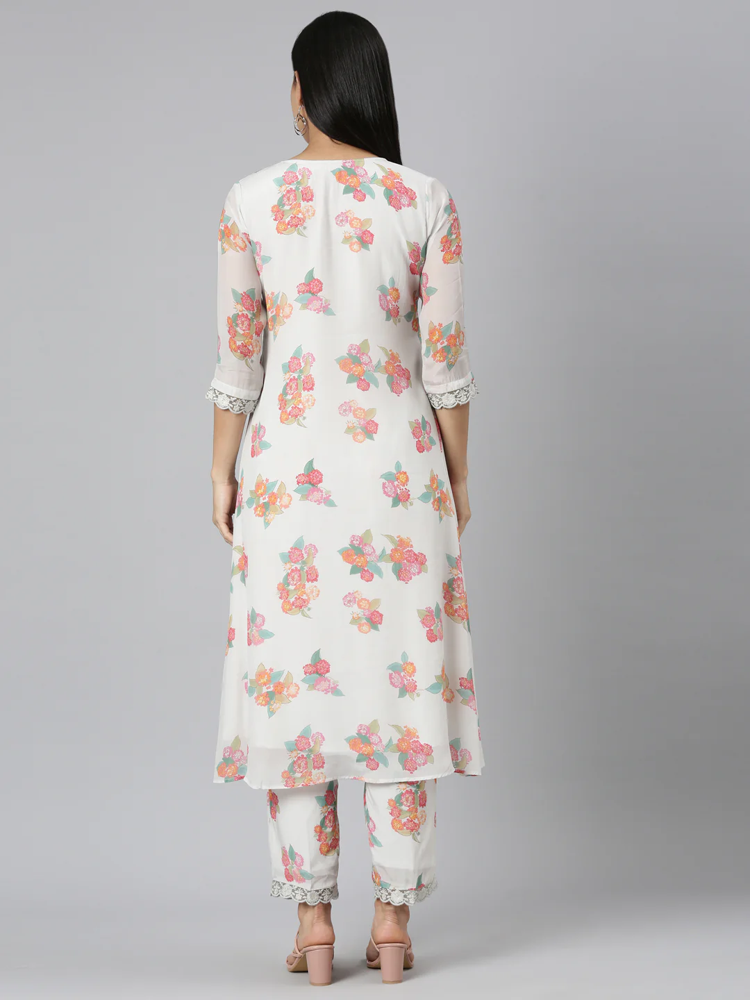 Neerus Off White Pleated Curved Printed Kurta and Trousers With Dupatta - Image 3