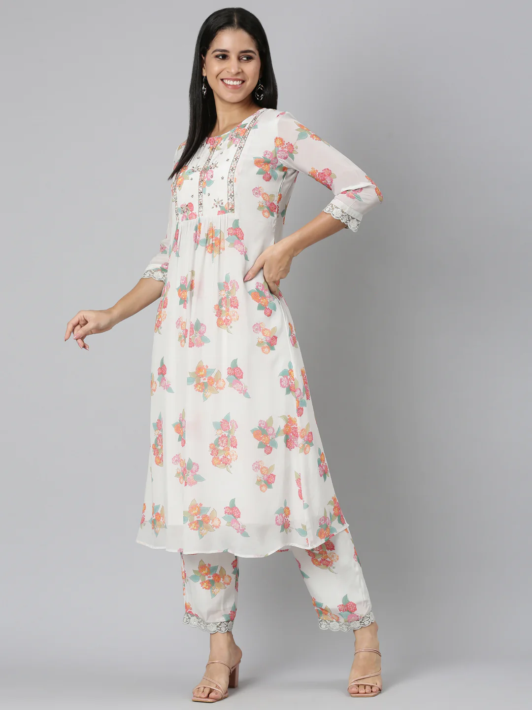 Neerus Off White Pleated Curved Printed Kurta and Trousers With Dupatta - Image 5