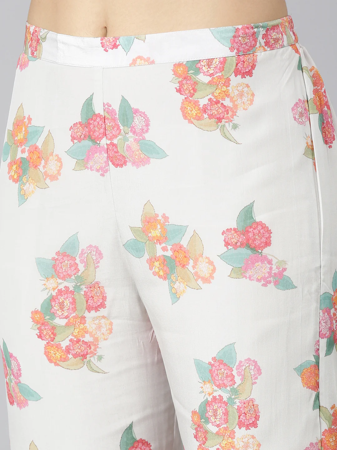Neerus Off White Pleated Curved Printed Kurta and Trousers With Dupatta - Image 6