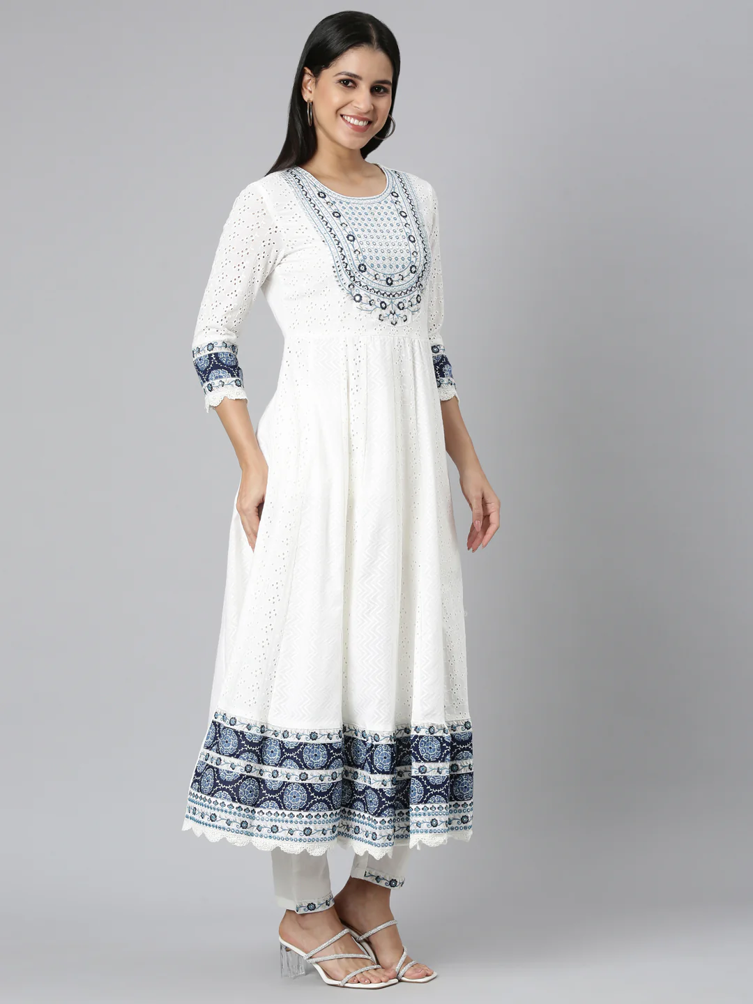 Neerus Off White Pleated Curved Solid Kurta and Trousers With Dupatta - Image 2