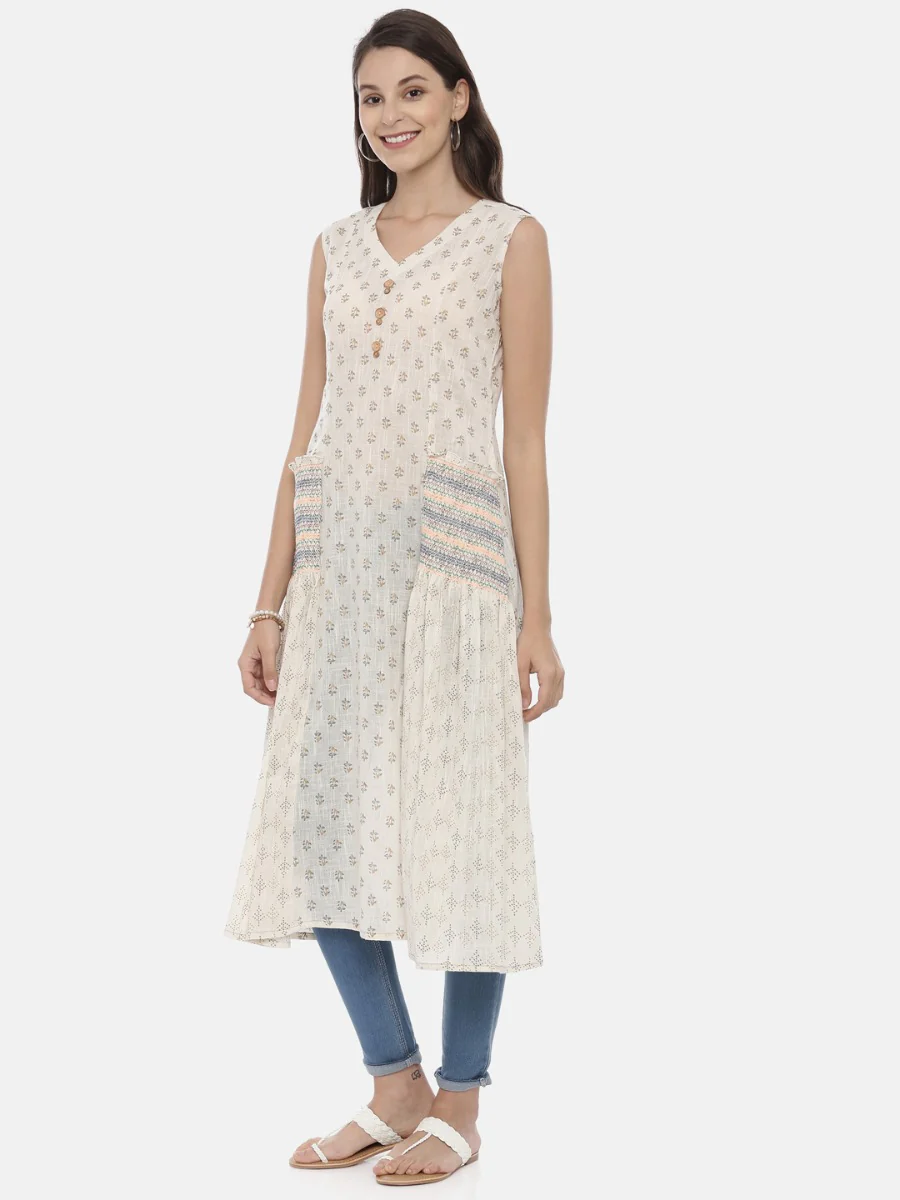 Neerus Off White Printed A Line Kurta - Image 3