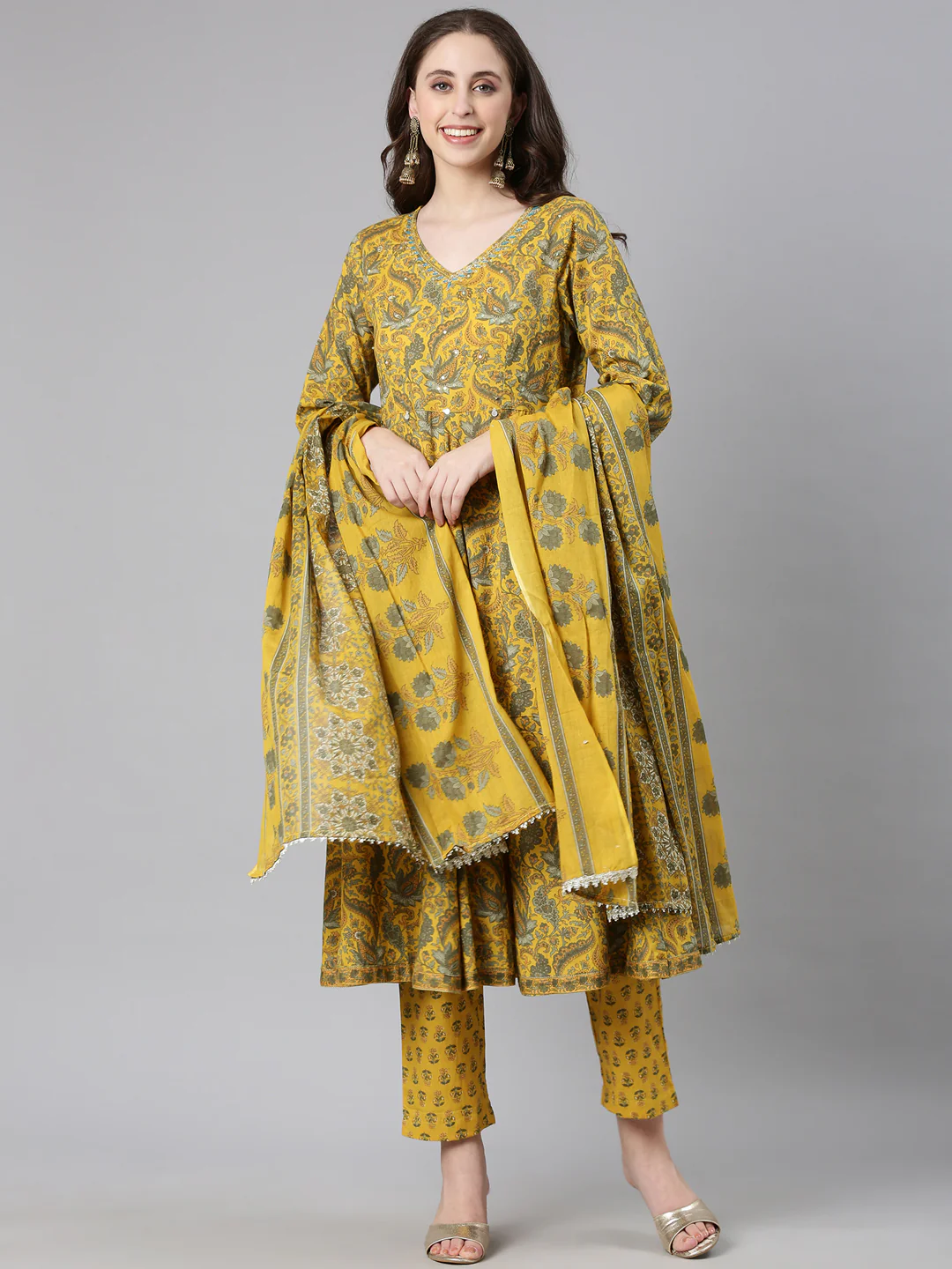 Neerus Mustard Printed Anarkali Kurta and Trousers With Dupatta