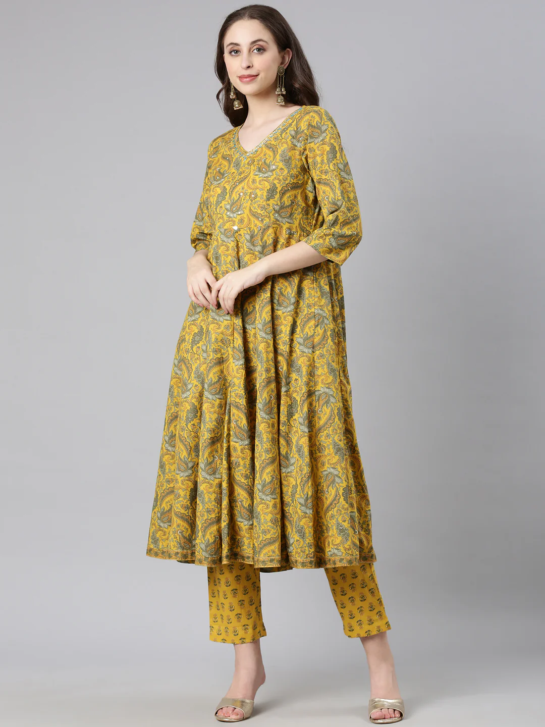 Neerus Mustard Printed Anarkali Kurta and Trousers With Dupatta - Image 2