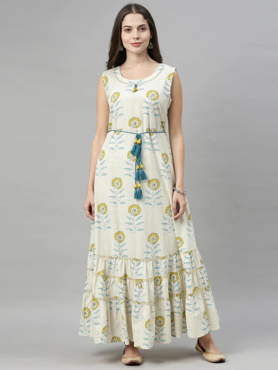 Neerus Off White Printed Flared Kurta