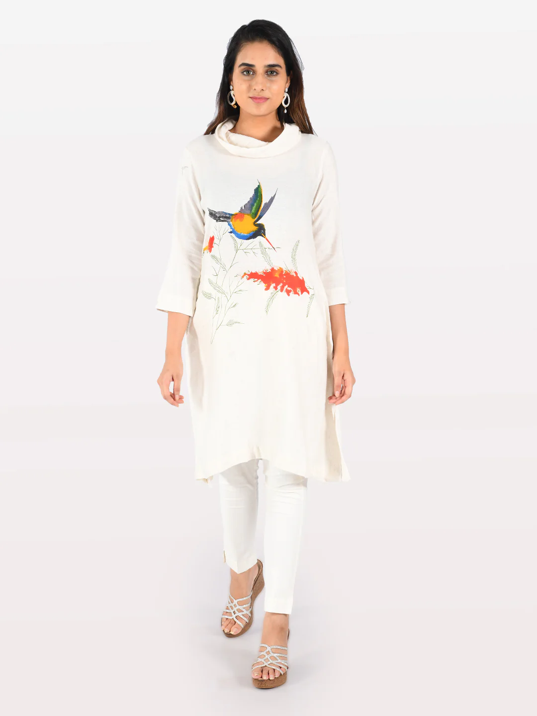 Neerus Off White Printed Straight Kurta