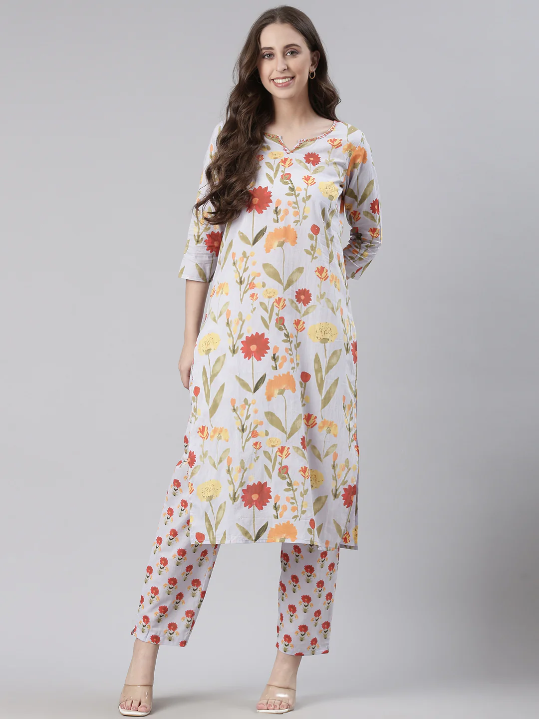 Neerus Off White Printed Straight Kurta and Trousers - Image 5