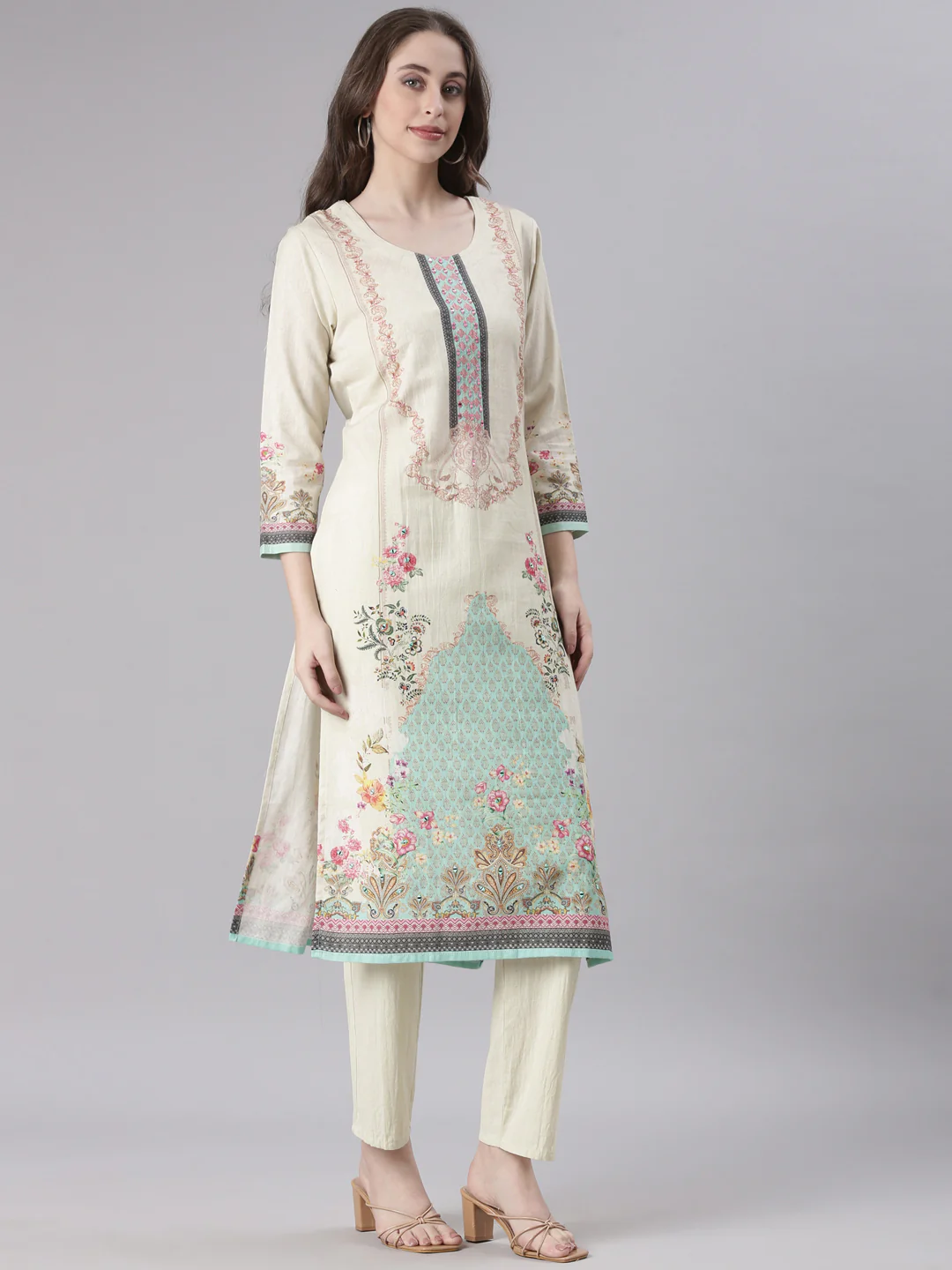 Neerus Off White Printed Straight Kurta and Trousers With Dupatta - Image 2
