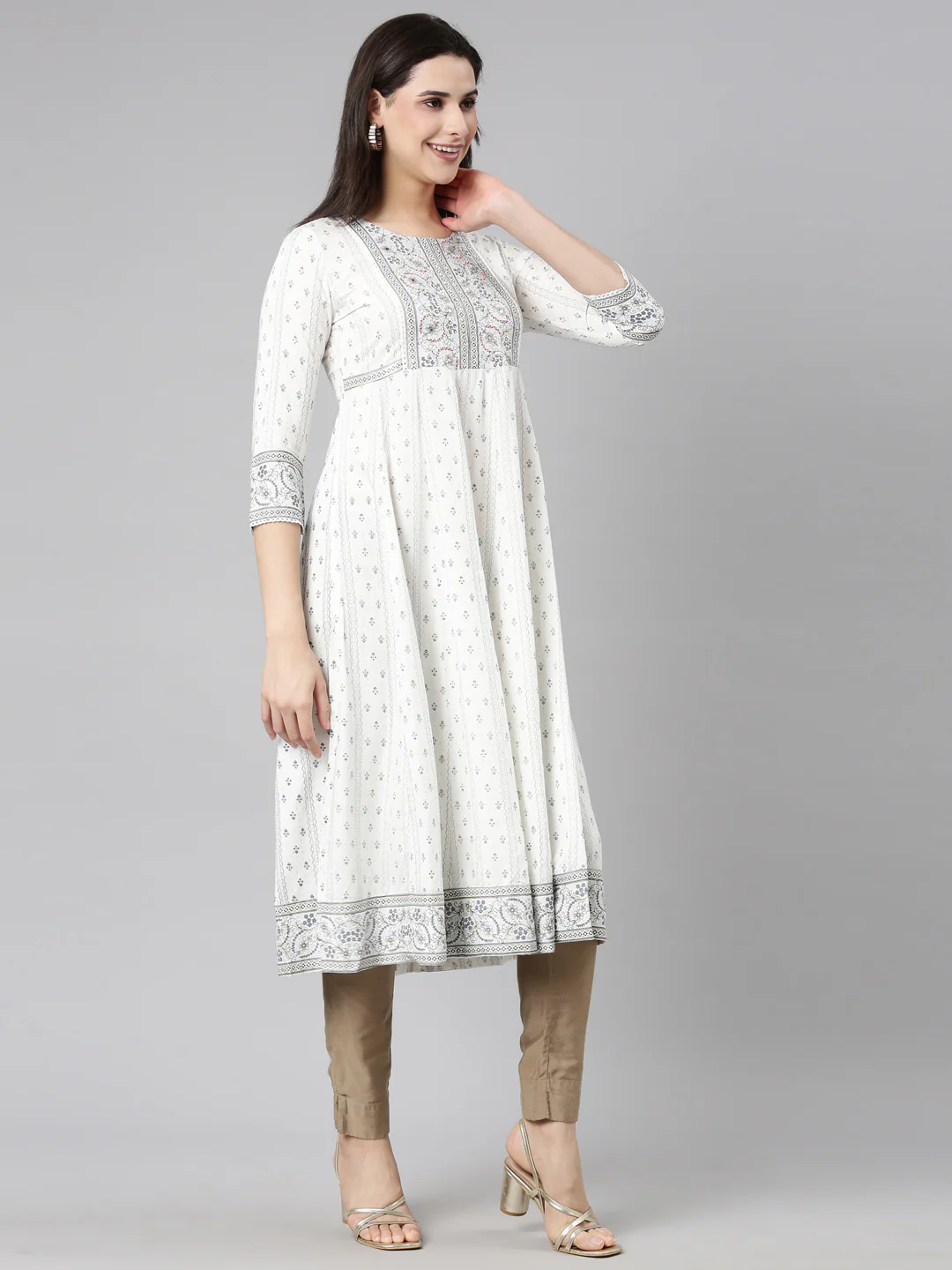 Neerus Off White Regular Anarkali Floral Kurta