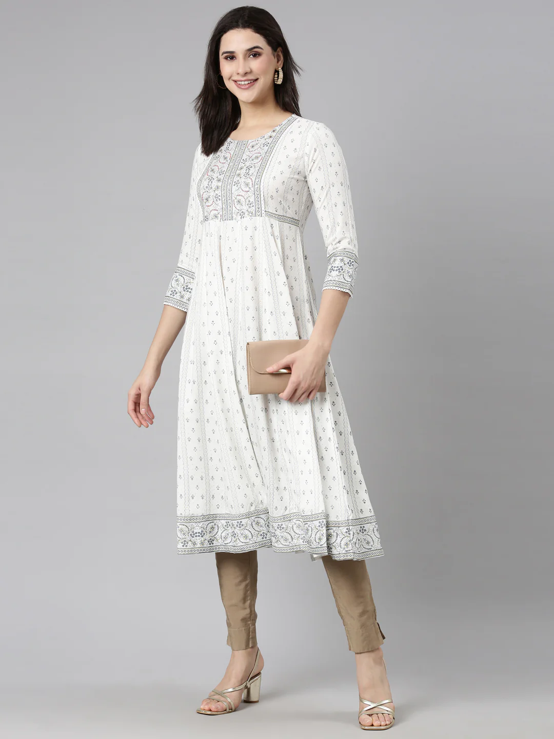 Neerus Off White Regular Anarkali Floral Kurta - Image 3