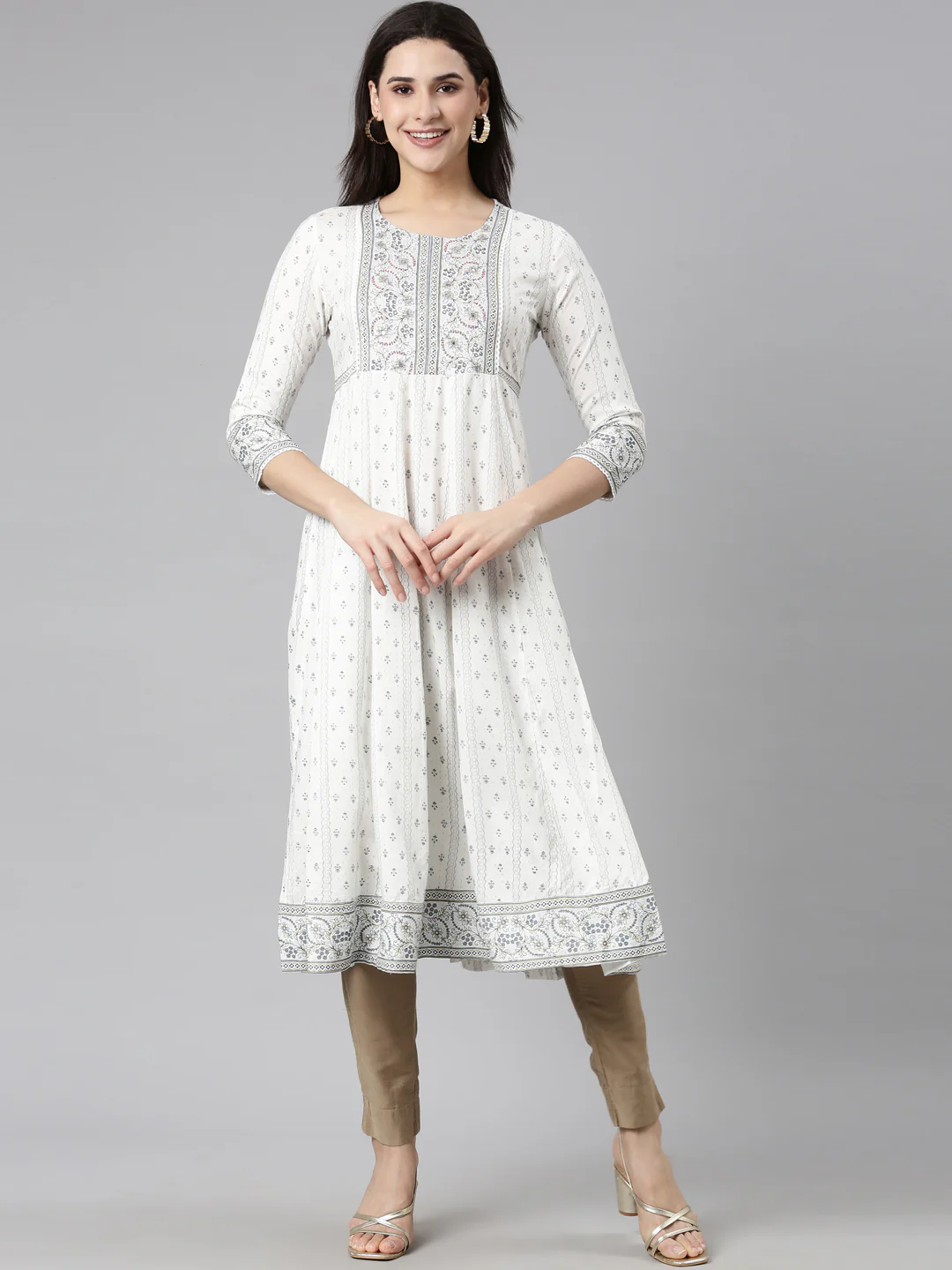 Neerus Off White Regular Anarkali Floral Kurta - Image 5